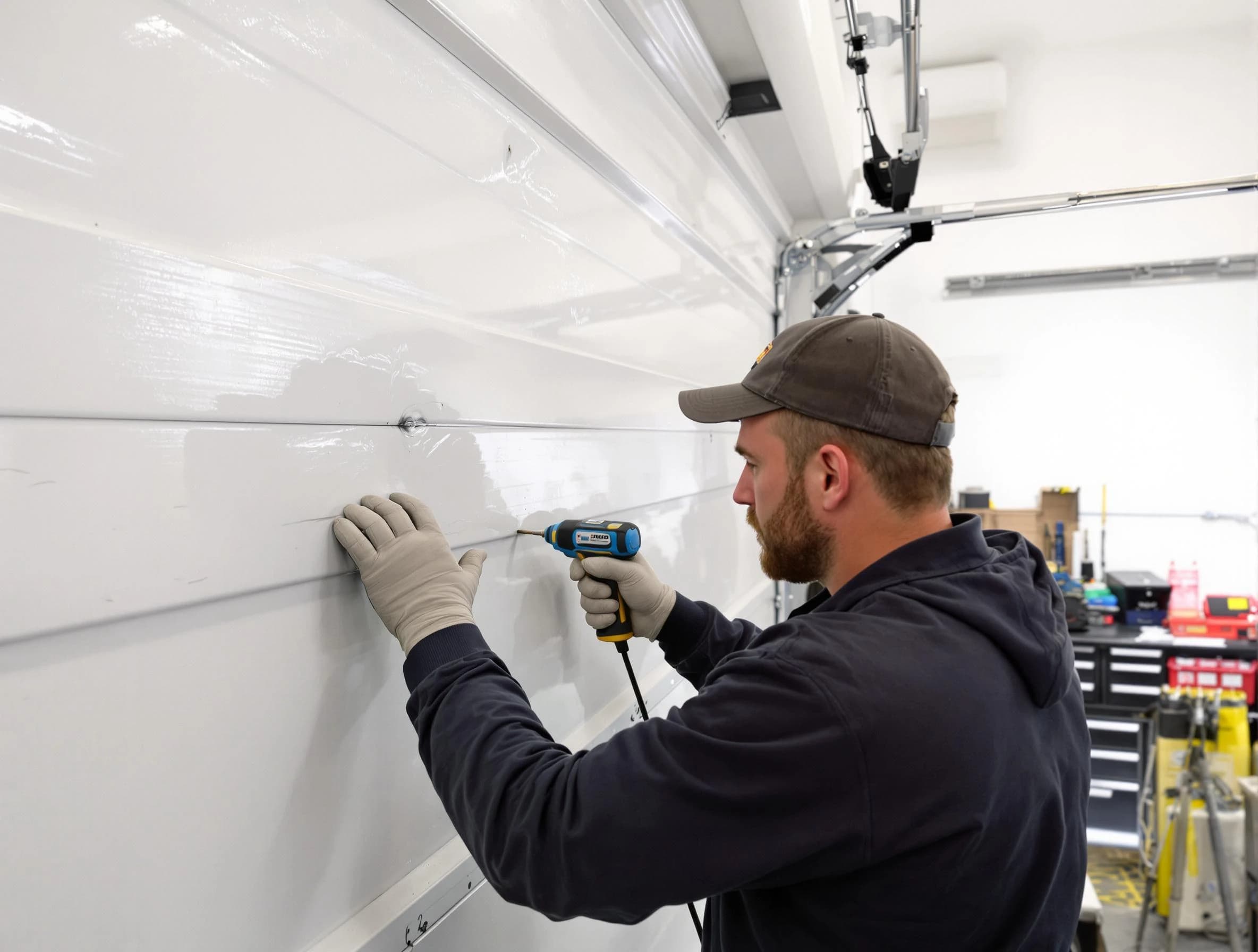 Fort Lee Garage Door Repair technician demonstrating precision dent removal techniques on a Fort Lee garage door